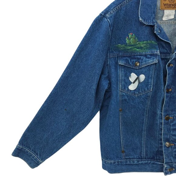 Wrangler Western Denim Jacket Womens Size L DIY Hand Painted Texas Cactus Boot - Picture 15 of 16